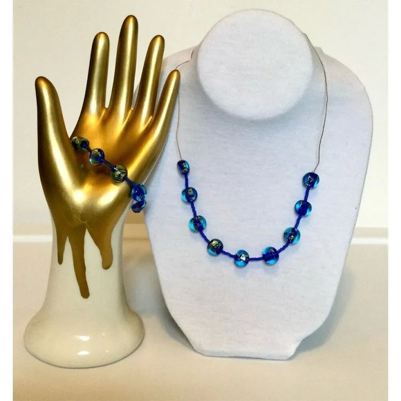 Vintage Blue Quartz Stone Beaded Fashion Necklace with Bracelet Set 2 Piece - Picture 3 of 7